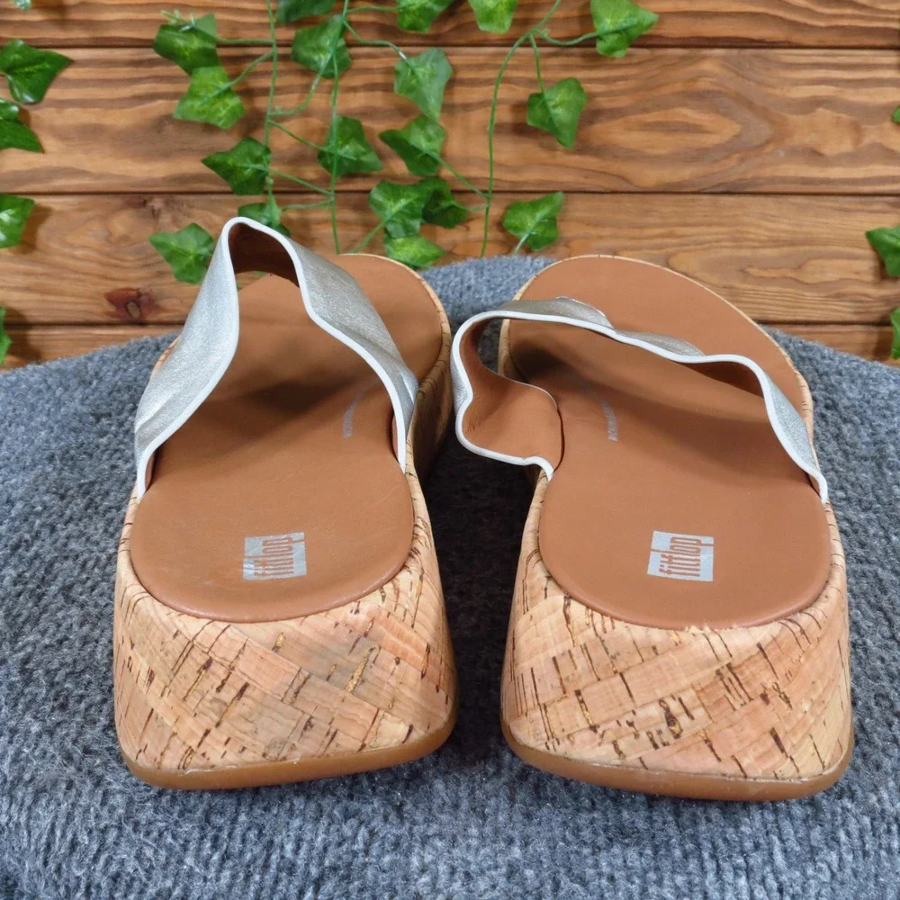 FitFlop F-Mode Women Toe Post Sandal Size 10 Summer Platform Silver Leather